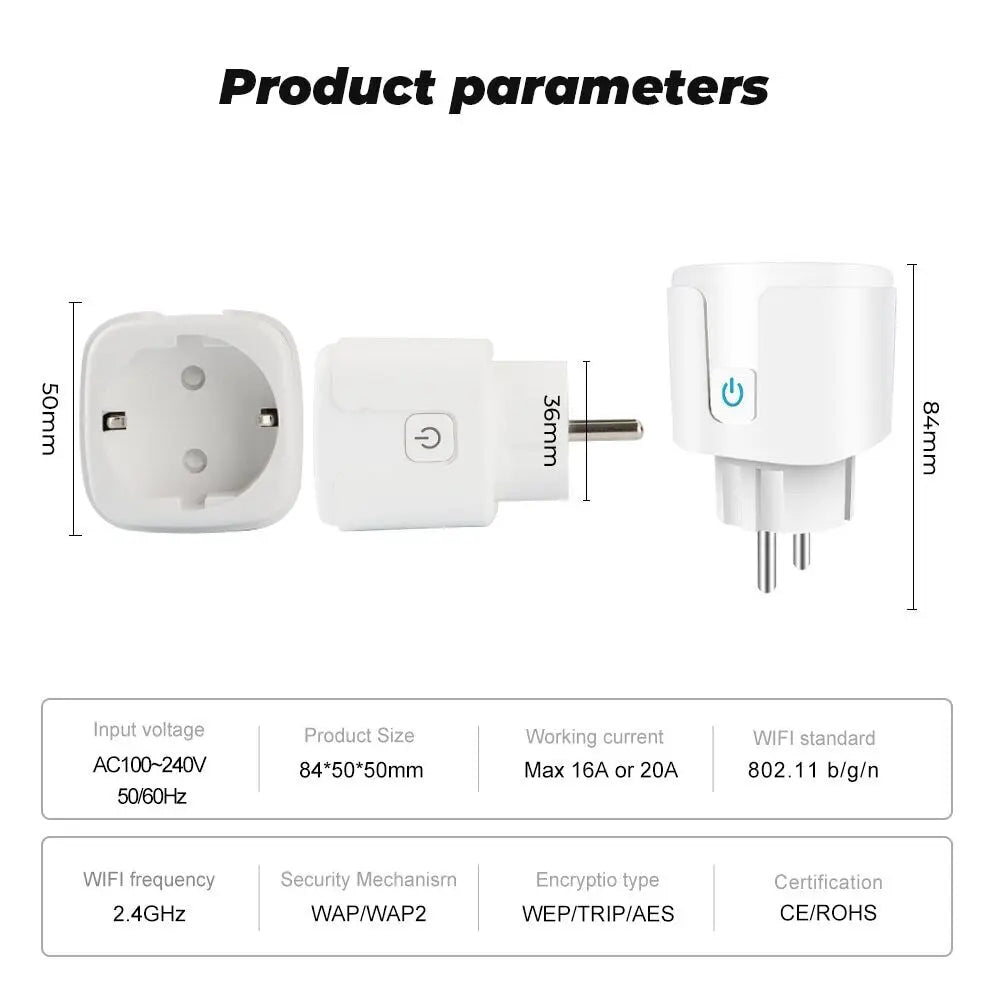 Smart Socket EU 16A 20A AC100-240V Tuya Wireless Wifi Plug Power Monitor Timing Outlet Smart Home Voice Control for Alexa Google