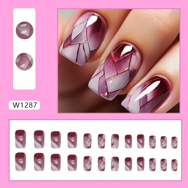 Gold Pink Wine Red 24 Pcs Fake Nail with Jelly sticker Press on False Nails Wearable Round Head Oval Full Cover Nail Tips