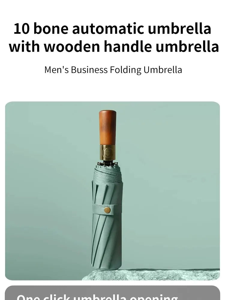10 Bone Log Handle Automatic Rain Umbrella, Vintage Style Foldable UV Protection, For Men And Women, Suitable For Many Occasions