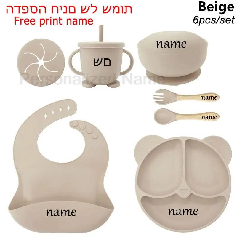 Baby Feeding Plate Sets Suction Bowl Silicone Plate For Kids 6Pcs Children Tableware Personalized Name Dinner Dishes Cups Spoon