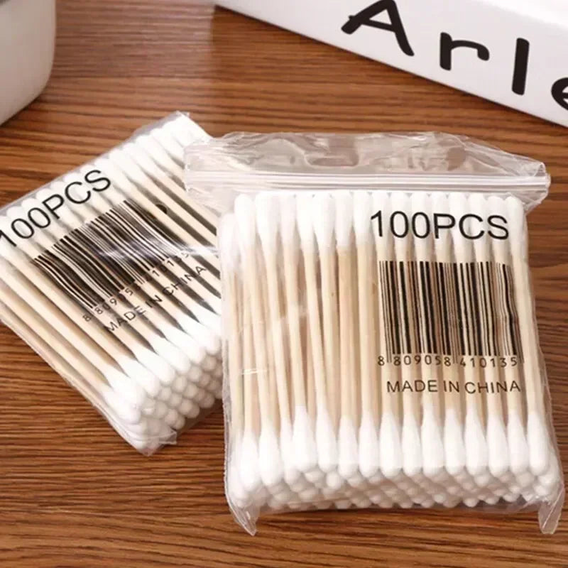 100/300/500 Pcs Cotton Swabs with Wooden Sticks, Bamboo Cotton Swabs Double Round Tips, Biodegradable Cotton Buds