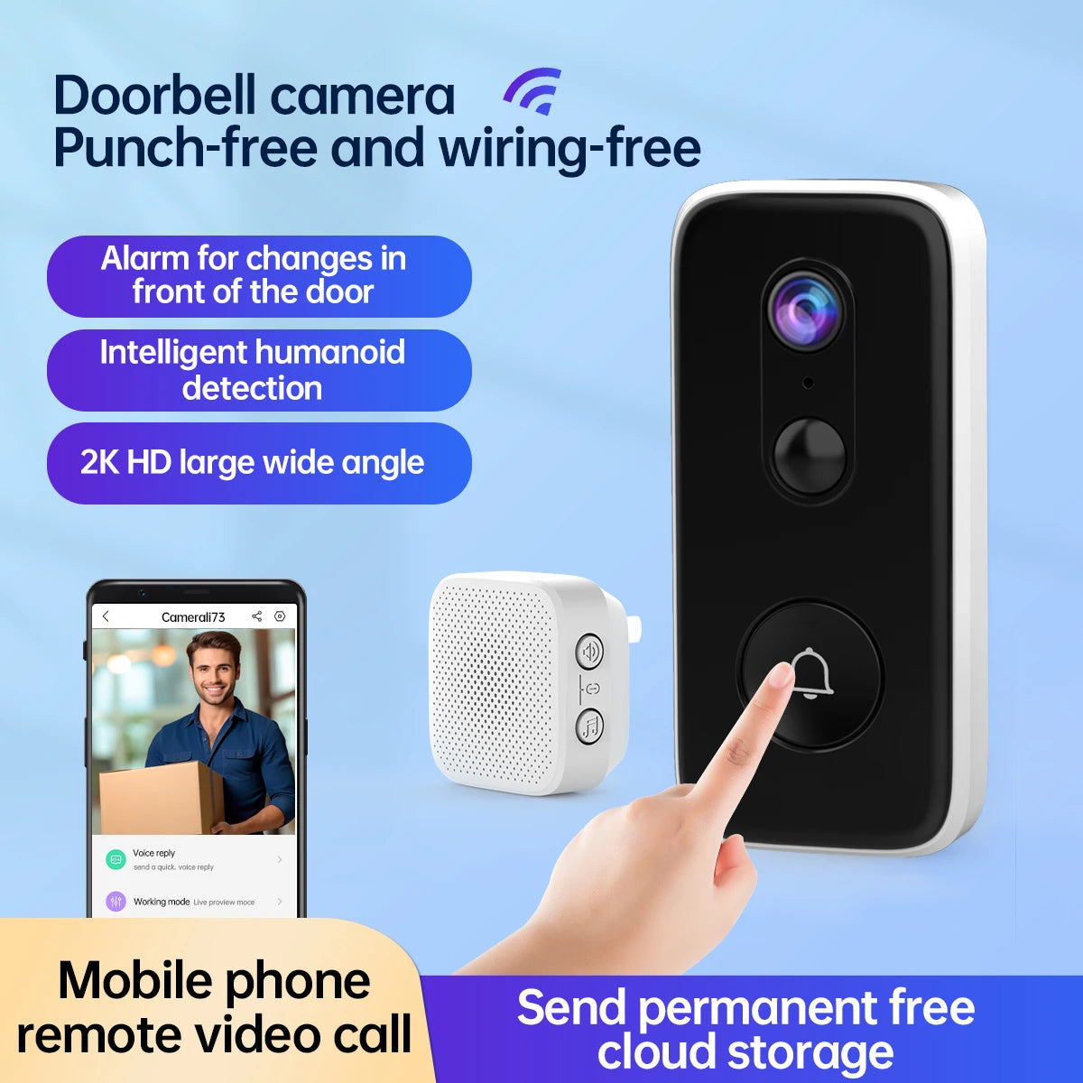 JOOAN 2K HD wireless doorbell camera, smart doorbell video Home Intercom HD night vision 2.4G WIFI rechargeable security doorbel