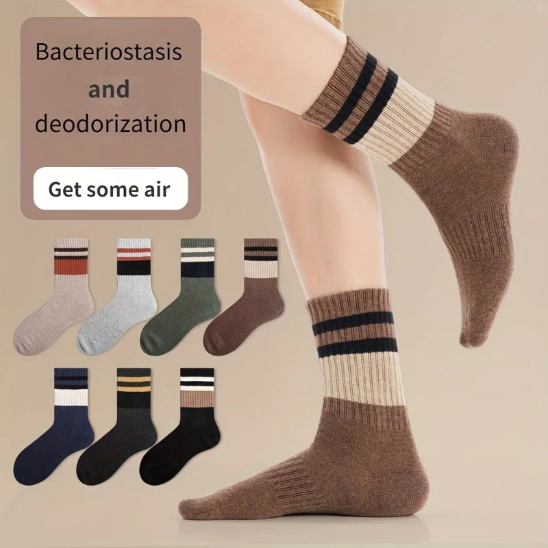 4 Pairs Of Men's Vintage Striped Crew Socks, Thermal Breathable Comfy Socks For Men's Wearing, Autumn & Winter
