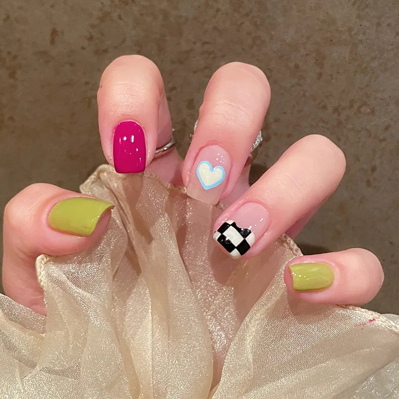 24Pcs/Box Short Square Head Wearing False Nails Art Clouds Stars Pattern Fake Nails Full Cover Press on Nail Tips Manicure Tools