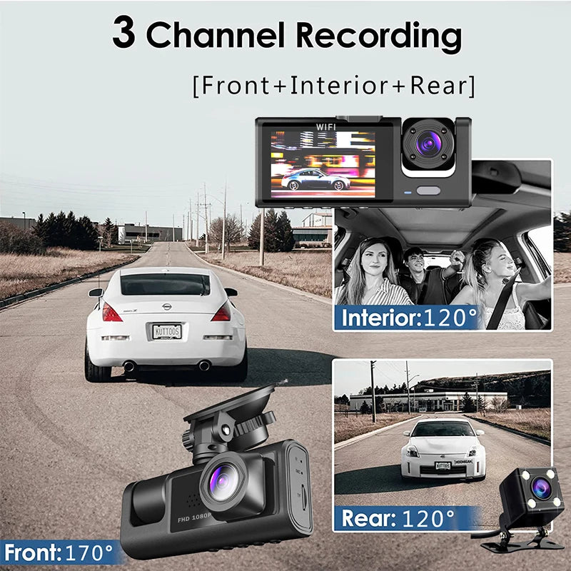 WiFi 3 Channel Dash Cam Three Way Car DVR Inside Vehicle Camera Recorder HD1080P Video Mini Registrator Cabin Dashcam Camcorder