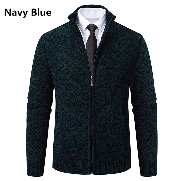 Mens Sweaters Jacket Full Zip Fleeced Sweater Cardigan Plaid Stand Collar Sweaters Coat Autumn Winter Homme Clothes