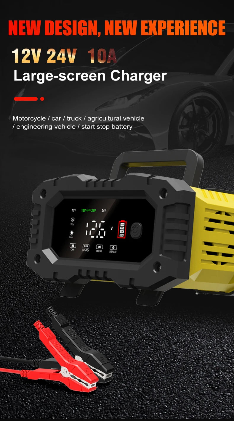 20A/10A Car Motorcycle Battery Charger 12V/24V Smart Charger Lithium AGM GEL Lead-Acid LiFePO4 Battery Chargers