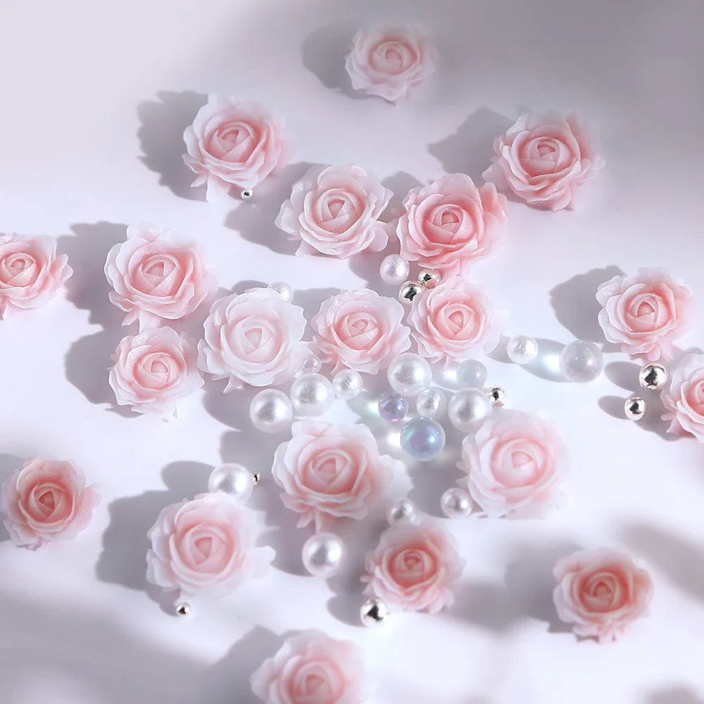 30 pcs gradient carved rose nail ornaments with steel bead pearl nail accessories