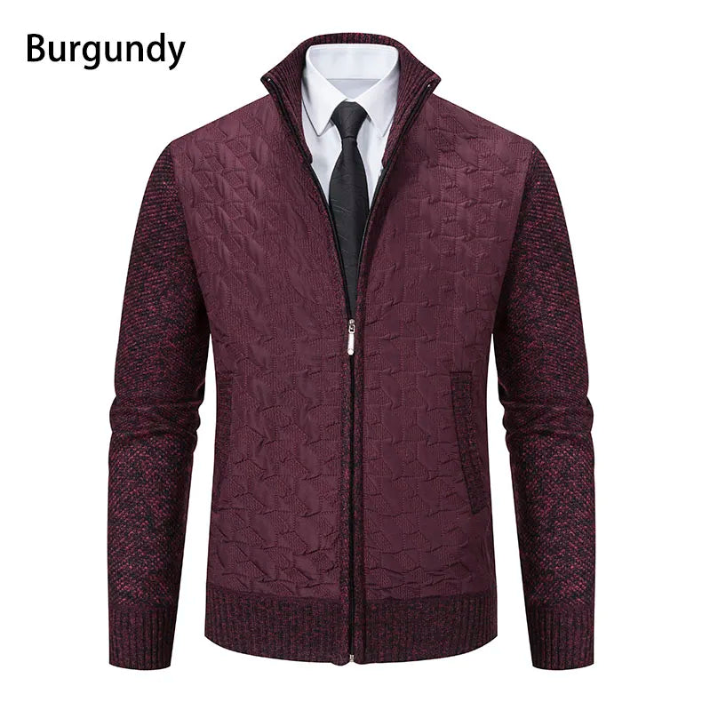 Mens Sweaters Jacket Full Zip Fleeced Sweater Cardigan Plaid Stand Collar Sweaters Coat Autumn Winter Homme Clothes