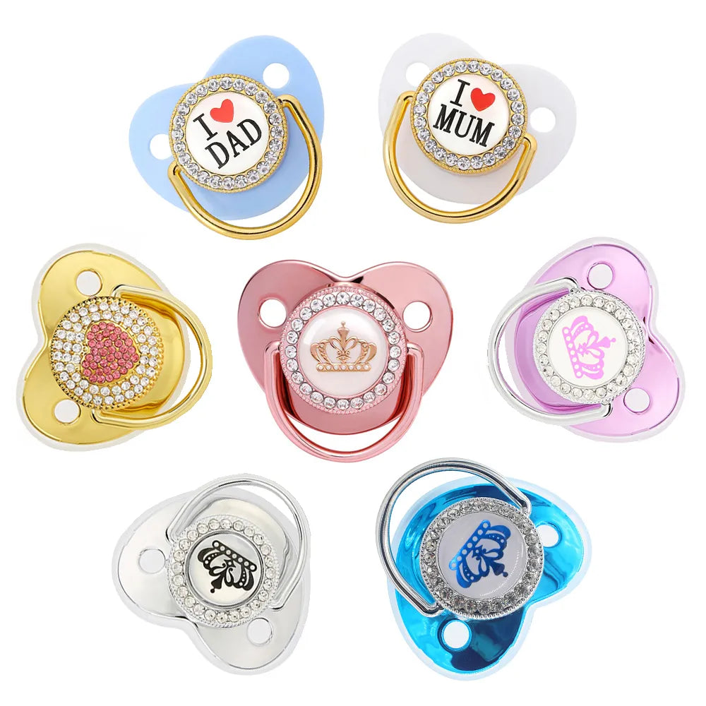 Newborn Pacifier Baby Shower Gift Bling Baby Dummy Silicone BPA Free Infant Nipple New Born Pacifiers For Babies I Love Mum Dad