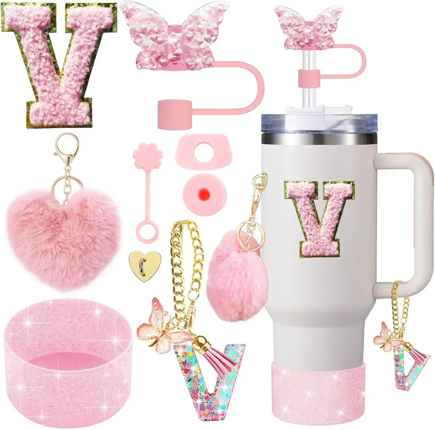 9PCS Accessory Set for Stanley Cup 30oz 40oz Butterfly Straw Cover Cap Silicone Boot Charm Initials Sticker Spill Proof Stopper