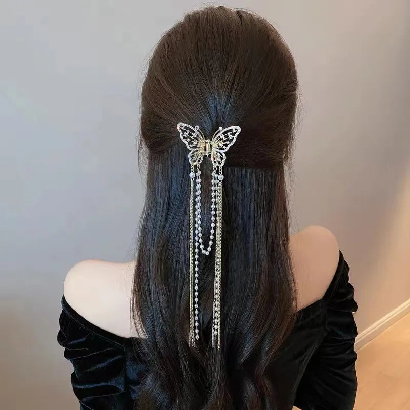 Retro Hollow Butterfly Tassel Hairpin Korean Girl Rhinestone Ponytail Hair Grabber Elegant Pearl Hair Accessories for Women