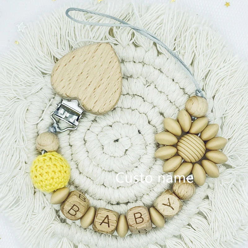 Custom Name Silicone Beads Wooden Ring Pacifier Clips Safe Teething Chains Baby Teether Eco-friendly Dummy Beech Clips Holder