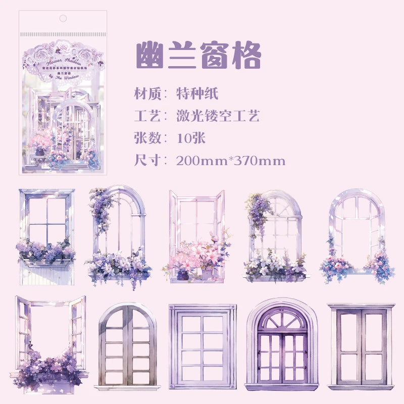 JIANQI 10 Sheets Window Flower Shadow Series Vintage Hollow Material Collage Sticker Creative DIY Journal Stationery