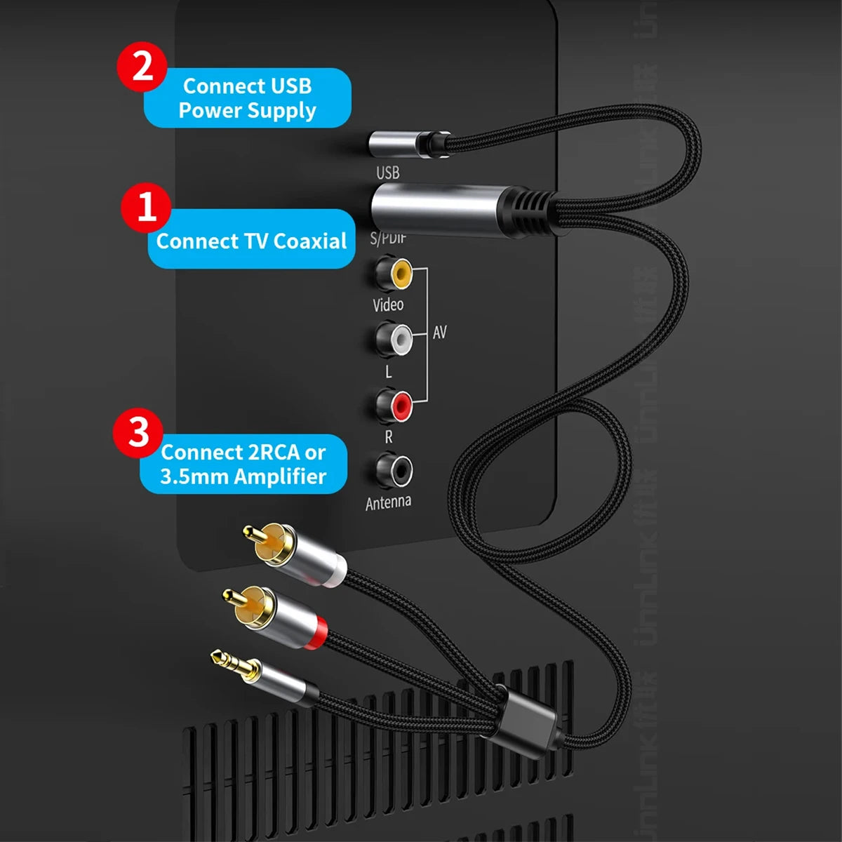 Unnlink 192KHz Coaxial to 2RCA + 3.5mm Aux Audio Converter TV SPDIF Coaxial to Amplifier Soundbar