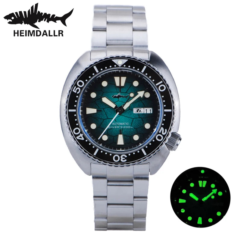 HEIMDALLR Turtle King Mens Diver Mechanica Watch Sapphire 200m Water Resistant  316L Steel C3 BGW9 Luminous NH36 Automatic Watch