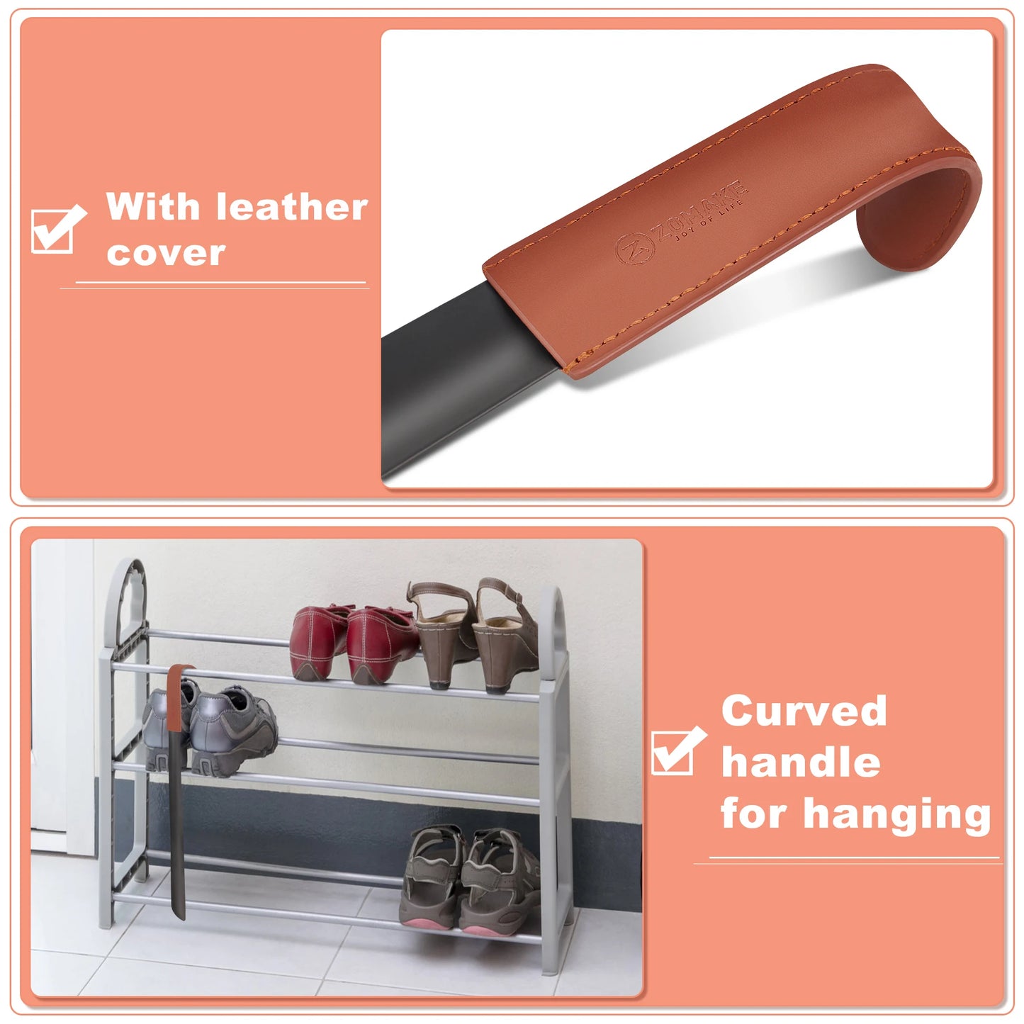 Metal Shoe Horn Lifter Long Handled Shoe Horn with Leather Strap Stainless Steel Shoehorn Spoon Shape Long Shoe Horn for Boots