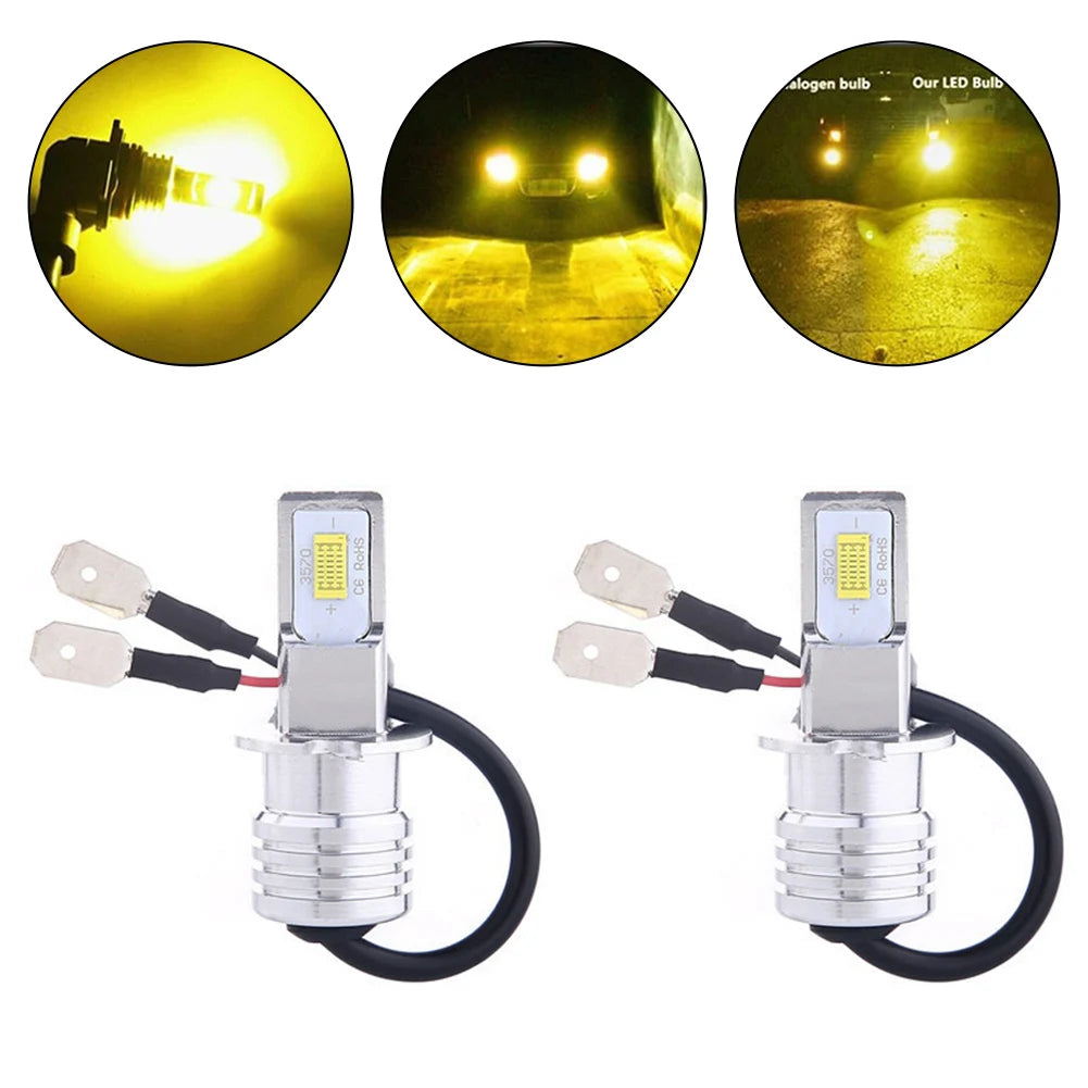 2Pcs H3 Car LED Fog Light Bulb Conversion Kit Super Bright Yellow DRL Lamp 3000K 80W 50000H 2000LM Auto Beam Fog Lamp