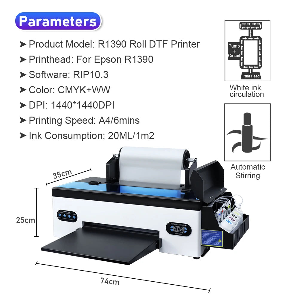 A3 DTF Printer R1390 Impresora dtf a3 T shirt Printing Machine with Roll Feeder DTF Transfer Printer For Fabric Hoodies Print