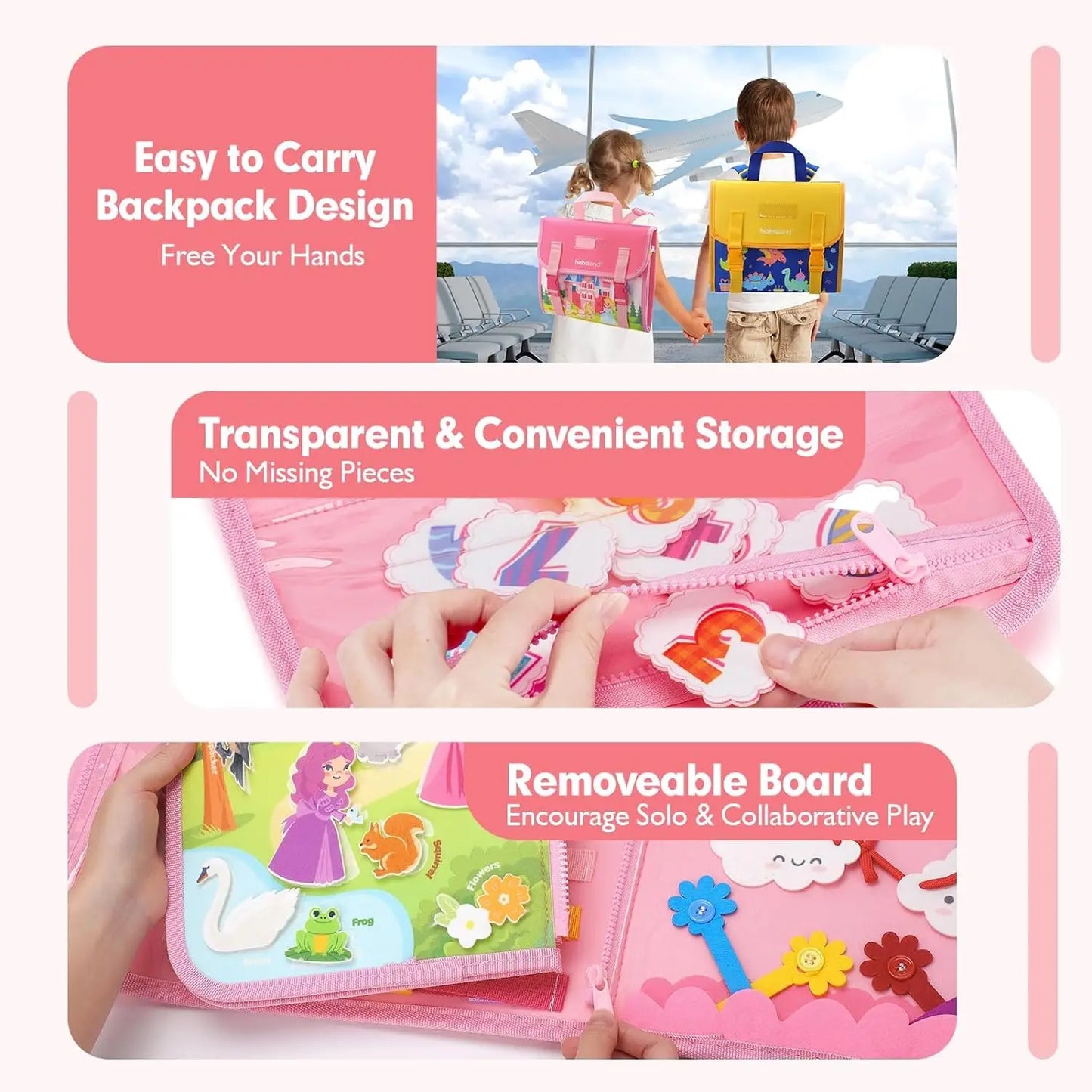 Toddler Busy Board Montessori Toys Learning Educational Activities Travel Toy Dinosaur Dress up  Sensory Life Skill Backpack