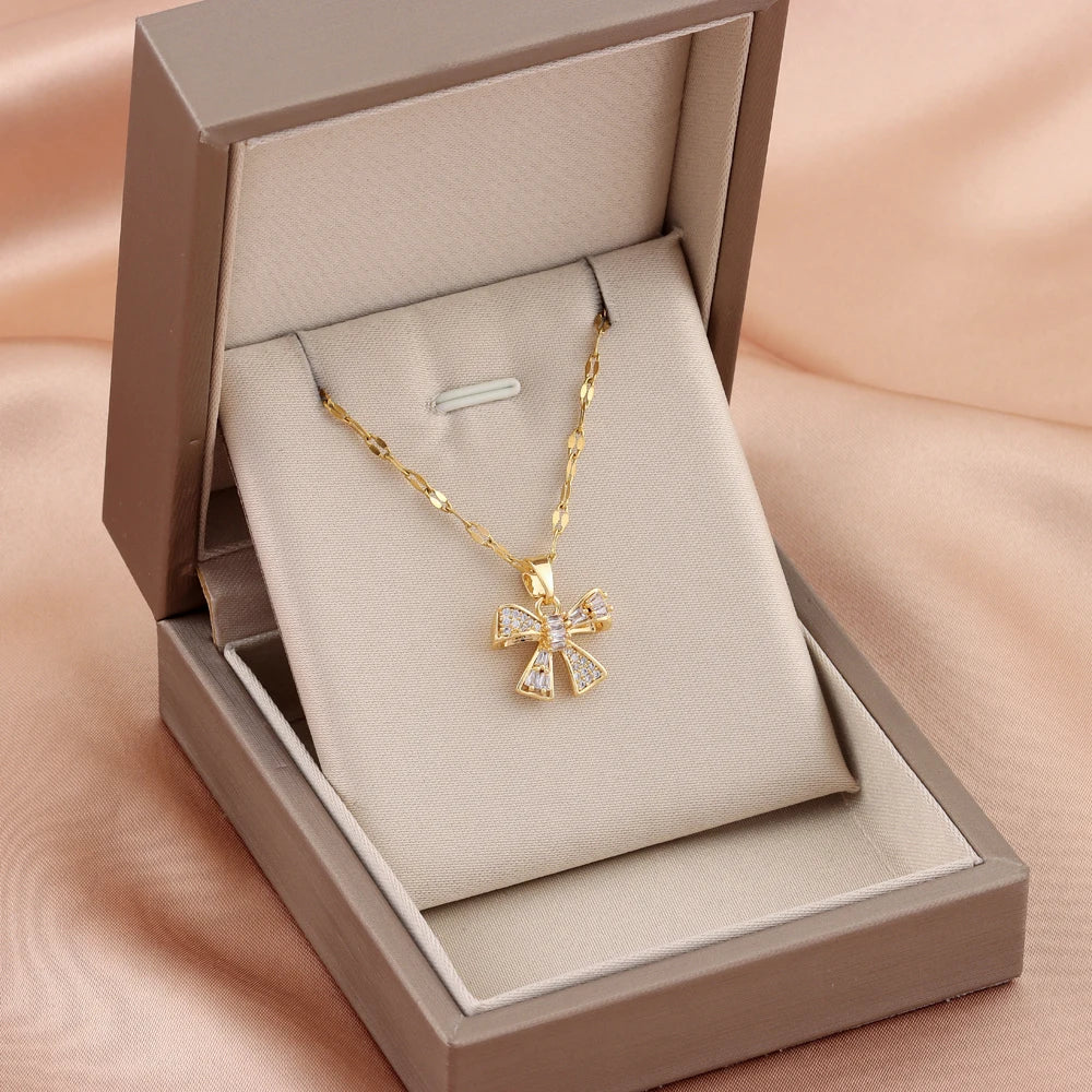 New Fashion Sweet Zircon Crystal Bowknot Pendant Necklaces For Women Temperament Gold Color Stainless Steel Neck Chain Jewelry
