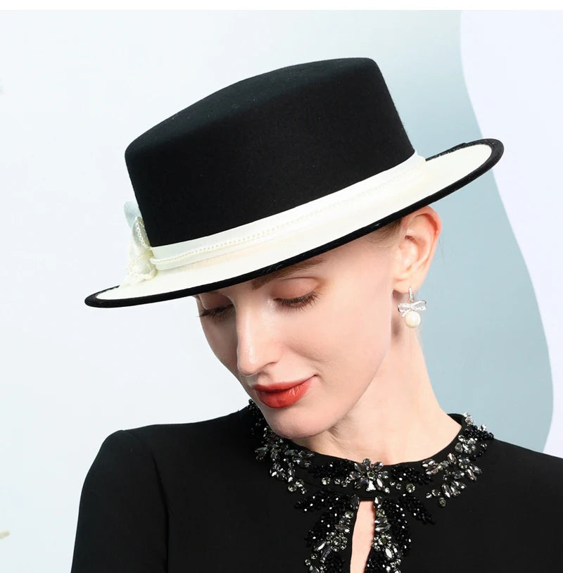 Women's Black/White Flat Top Wool Felt Fedora Hat with Flower Faux Pearl Detail Winter Dress Cap Stylish French Millinery