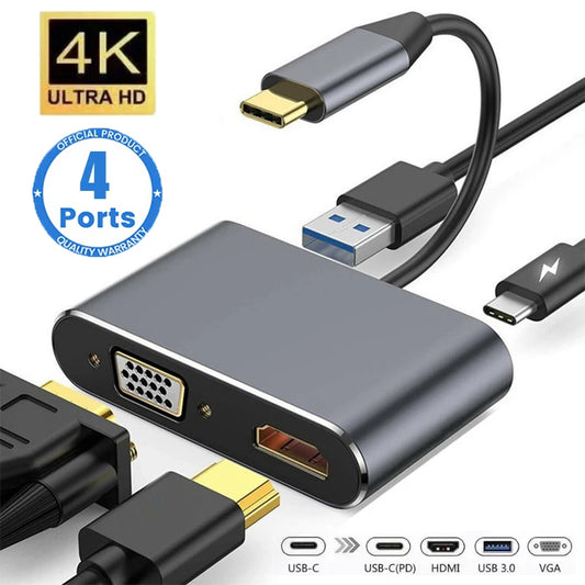 USB C Hub 4 in 1 Type C 3.0 Adapter to 4K HDMI HDTV VGA USB 3.0 PD Fast Charge Splitter for MacBook Notebook Laptop Computer