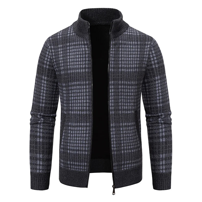 Mens Sweaters Jacket Full Zip Fleeced Sweater Cardigan Plaid Stand Collar Sweaters Coat Autumn Winter Homme Clothes