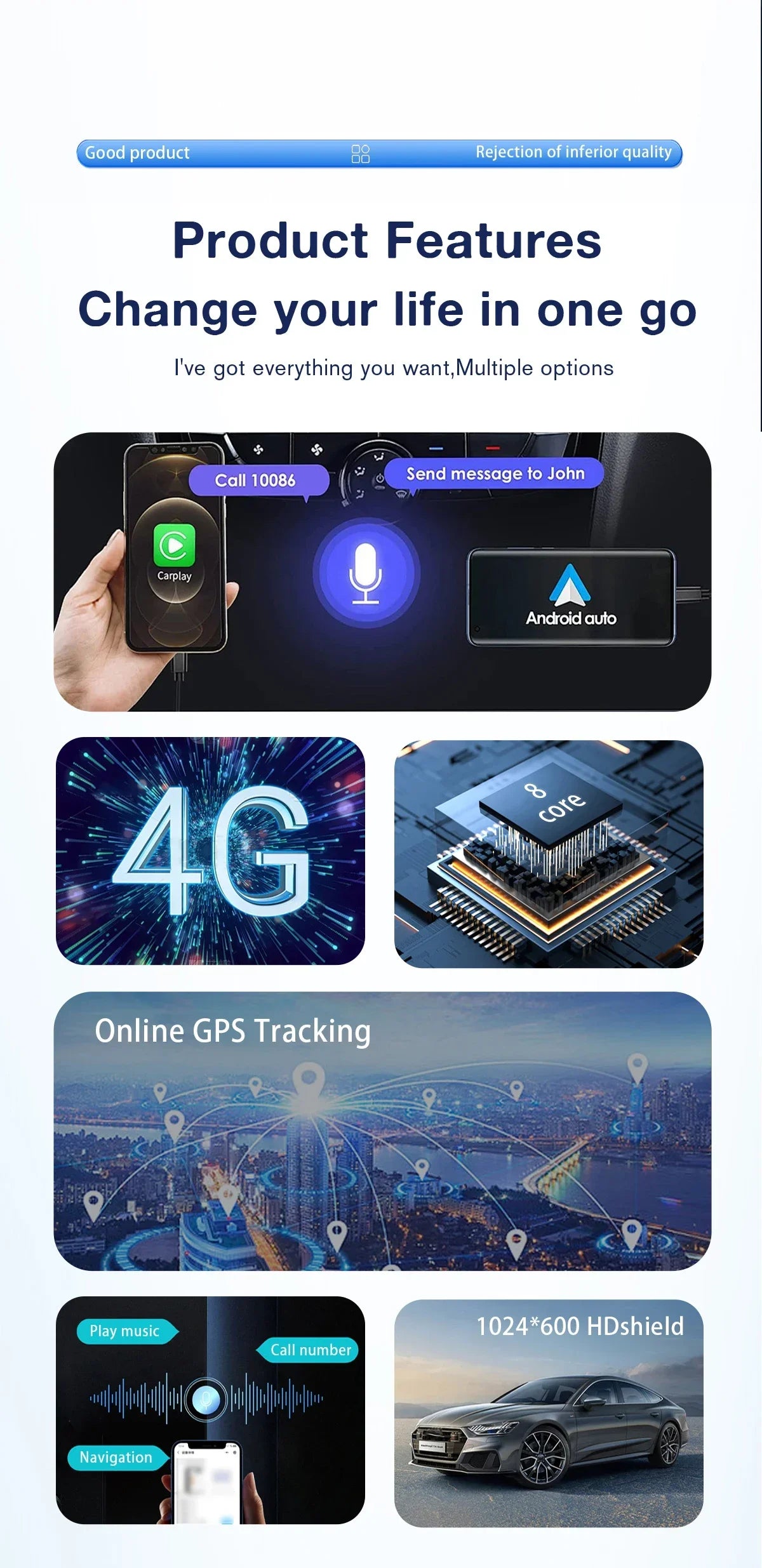 Junuse 7" Wireless Android Auto Carplay For Fiat 500 2007~2015 Android 13 Carplay GPS Navigation Multimedia Player White Black