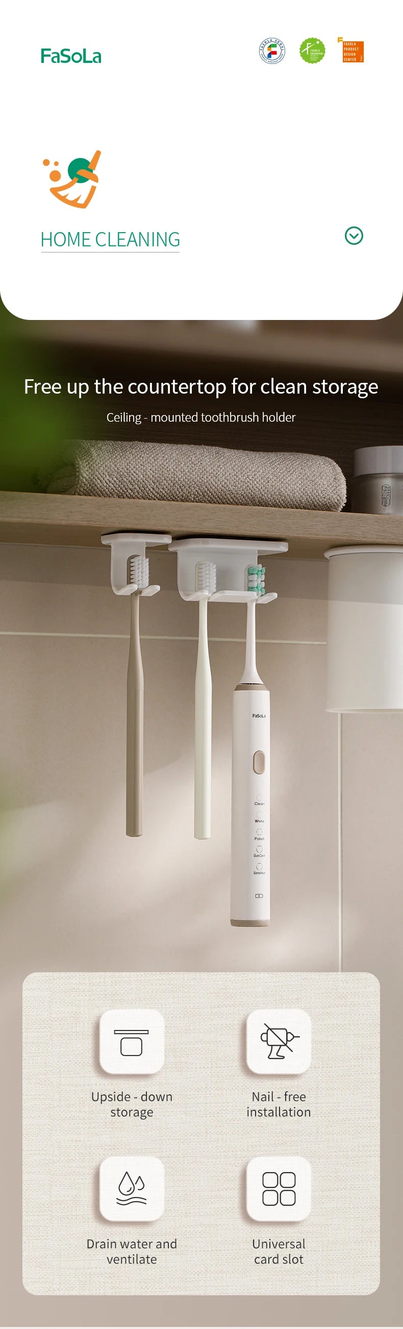 Self Adhesive Detachable Toothbrush Holder for Bathroom Countertop Wall Mounted Electric Toothbrush Plastic Storage Hook