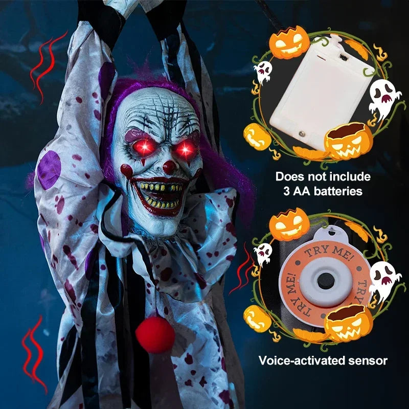 Halloween Hanging Animated Decorations Talking Shaking Scary Clown with Chain Voice Control Outdoor Yard Haunted House Prop