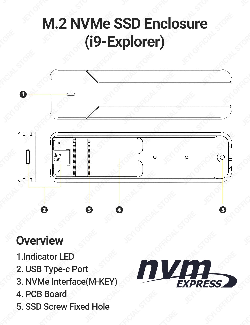 JEYI M.2 NVMe NGFF SSD Enclosure, Full Aluminum USB 3.2 Gen 2 10Gbps PCIe Or SATA 6Gbps M-Key B- Key M.2 Case Support Trim UASP