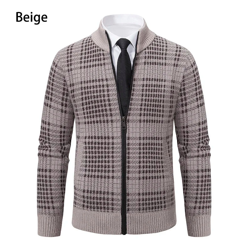 Mens Sweaters Jacket Full Zip Fleeced Sweater Cardigan Plaid Stand Collar Sweaters Coat Autumn Winter Homme Clothes