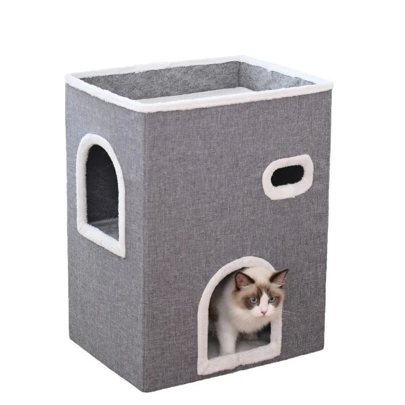 Luxury Cat Tree Bed with Scratching Post - Dual-Level 4-Season Pet Furniture, Organic Bamboo Base & Orthopedic Cushion