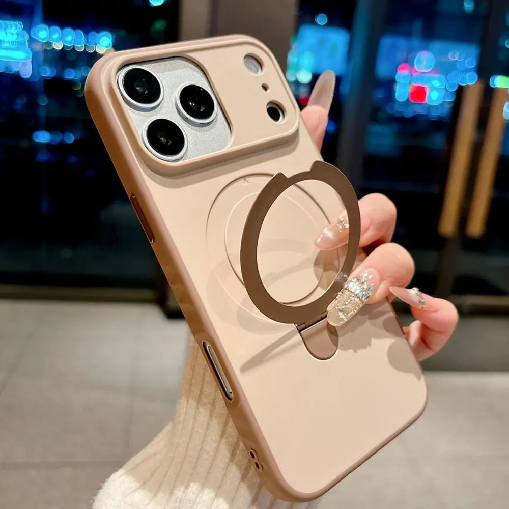 Luxury Skin Feel for Magsafe Phone Case For iPhone 17 16 13 15 Pro Max 14 Plus Magnetic Bracket Stand Anti-slip PC Cover