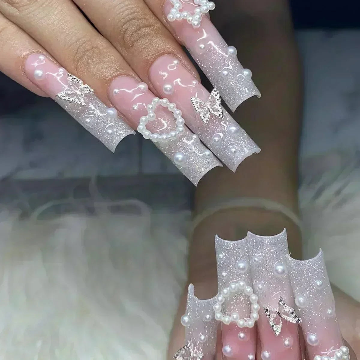 24Pcs Full Cover False Nails with Glue Long Square Coffin Fake Nails French Detachable Ballet Love Pattern Design Press on Nails