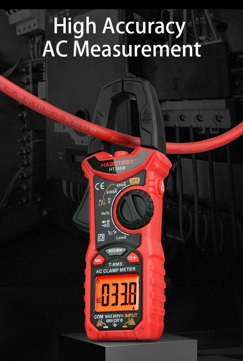 HABOTEST Digital Clamp Meter HT206A HT206B HT206D 600A AC DC Current Two-color Backlight NCV Voltmeter Ammeter With Leather Case