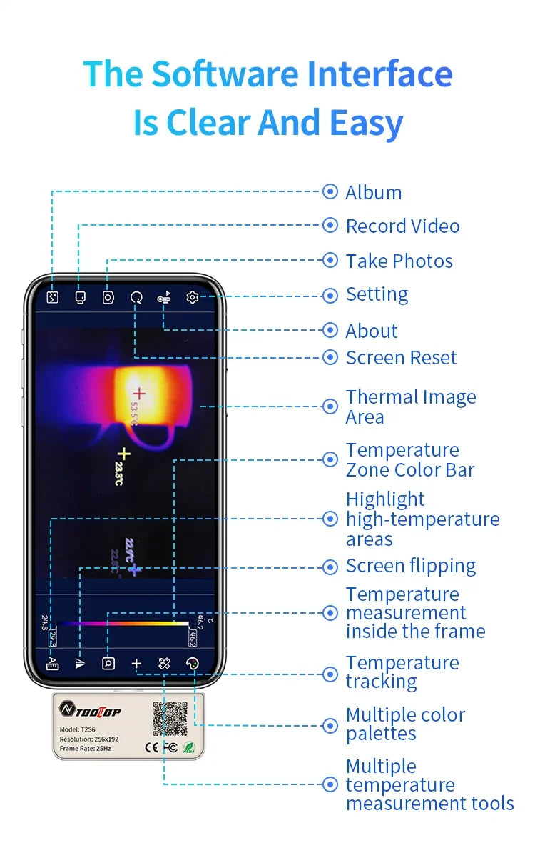 TOOLTOP T256 Thermal Camera 256*192 Type-c Infrared Camera 25Hz High Refresh Rate Thermal Imager for Industrial Heating Repair