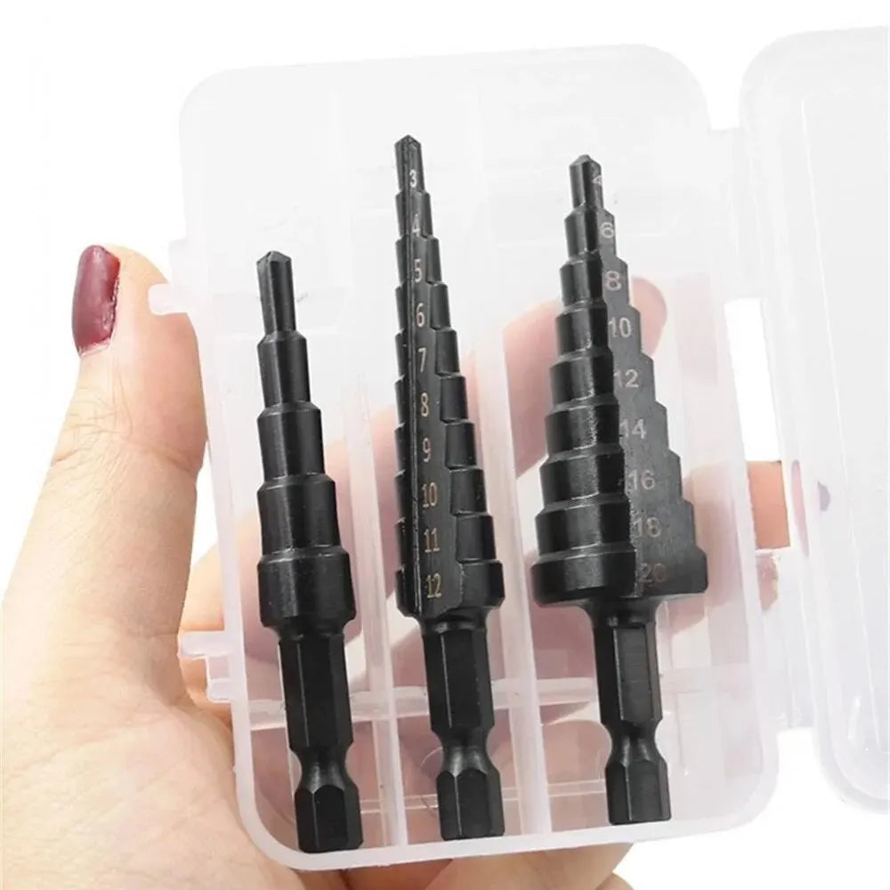 3PCS Hss Steel Titanium Coated Step Drill Bits 3 12mm 4 12mm 4 20mm Step Cone Cutting Tools Steel Wood Metal Drilling Power Set