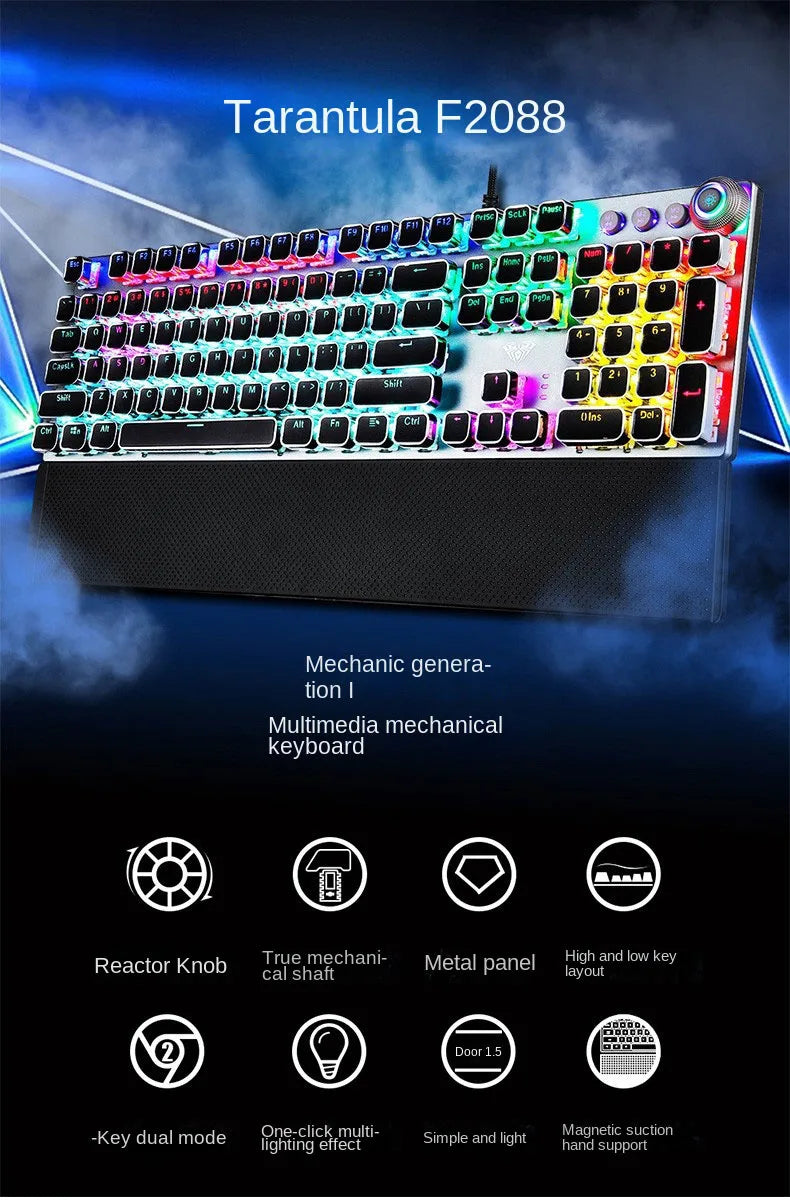 F2088 Mechanical Gaming Keyboard Anti-ghosting 104 Plating Blue Switch Wired Mixed Backlit Keyborad for Game Laptop PC
