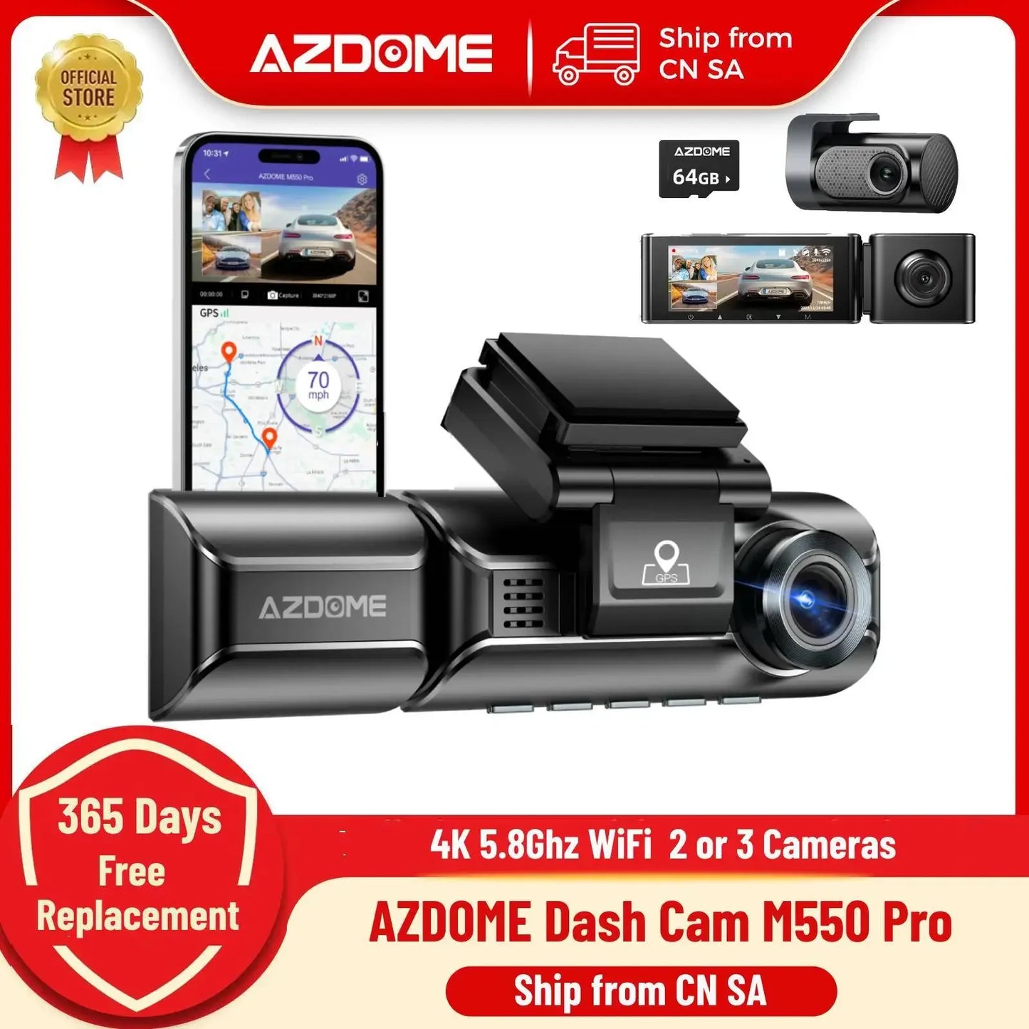 Upgrade AZDOME M550 Pro Car DVR Dash Cam 4K 5.8Ghz WiFi 2/3 Cameras Front/Cabin/Rear Cam GPS Night Vision Parking Monitor داش كا
