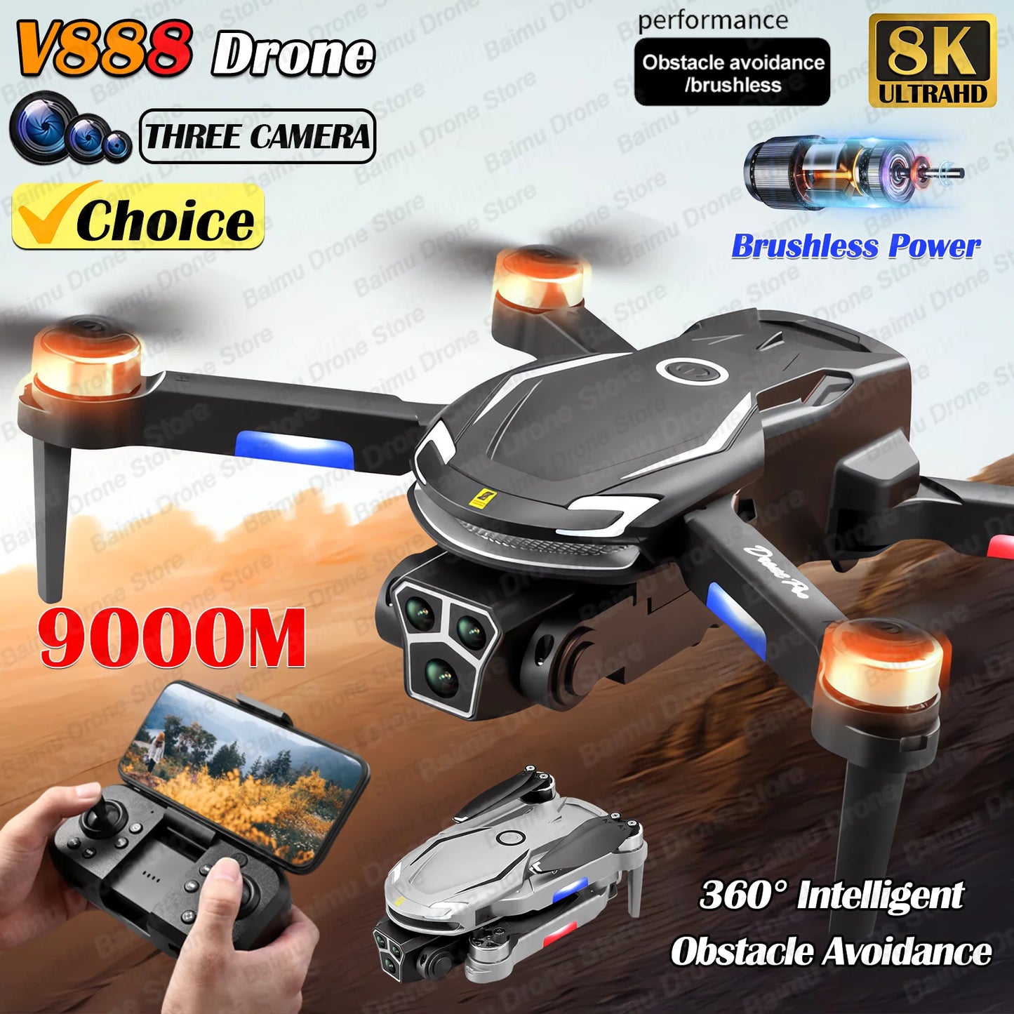 New V888 Brushless Drone 8K Professional HD Triple Camera Obstacle Avoidance No GPS Optical Flow Positioning RC Quadcopter Toys