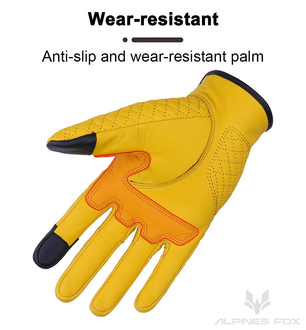 Vintage Leather Motorcycle Gloves Men Women Wear-resistant Motobike Guantes Touchscreen Anti-slip Retro Motobiker Luvas Yellow