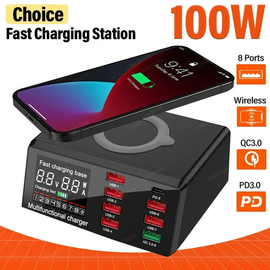 100W 8 Ports USB Charger Station Wireless Charging Digital Display Screen QC3.0 PD3.0 Quick Charge For iPhone16-12 Xiaomi Tablet