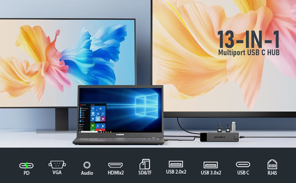 Lemorele 4K USB Hub USB C to Dual HDMI VGA Gigabit Docking Station USB 3.0 VGA Adapter SD Card Readers  for Windows MacBook Air