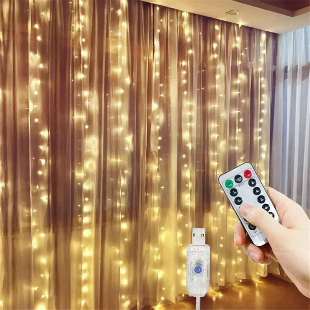 Christmas Lights LED Fairy String Curtain Lights 8 Mode Remote USB Festoon Christmas Decor For Home Holiday New Year Lamp
