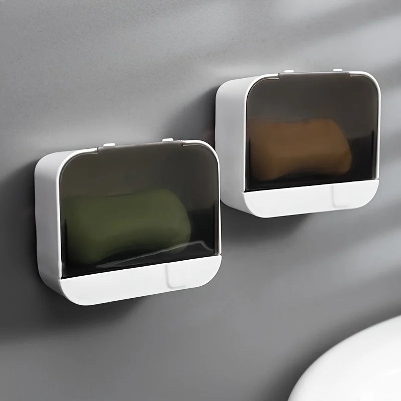 Bathroom Soap Holder Flip Lid Soap Storage Box Wall Mounted No Punch Soap Dish With Drain