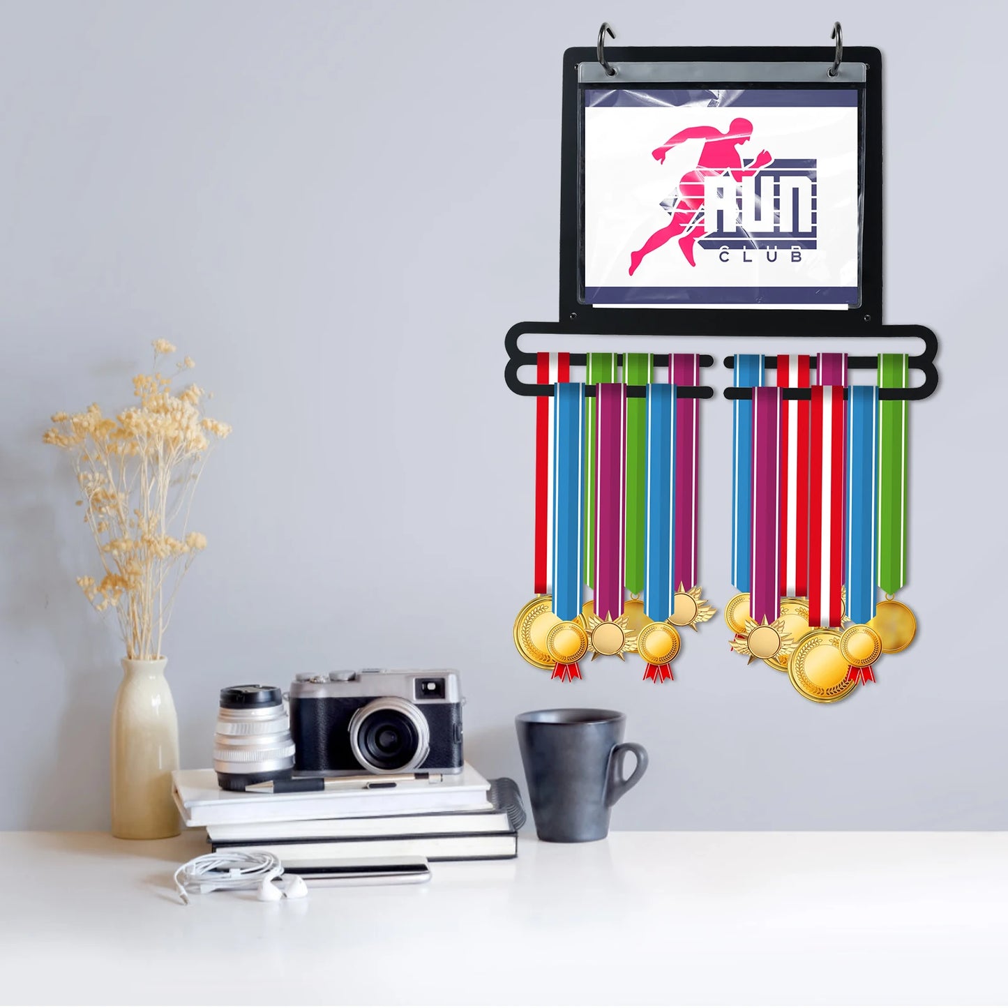 Medal Hanger Display Wall Mounted Medals Display Hanger with Number Bags and Hooks for Marathon Gymnastics Swim Race Decoration