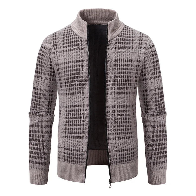 Mens Sweaters Jacket Full Zip Fleeced Sweater Cardigan Plaid Stand Collar Sweaters Coat Autumn Winter Homme Clothes