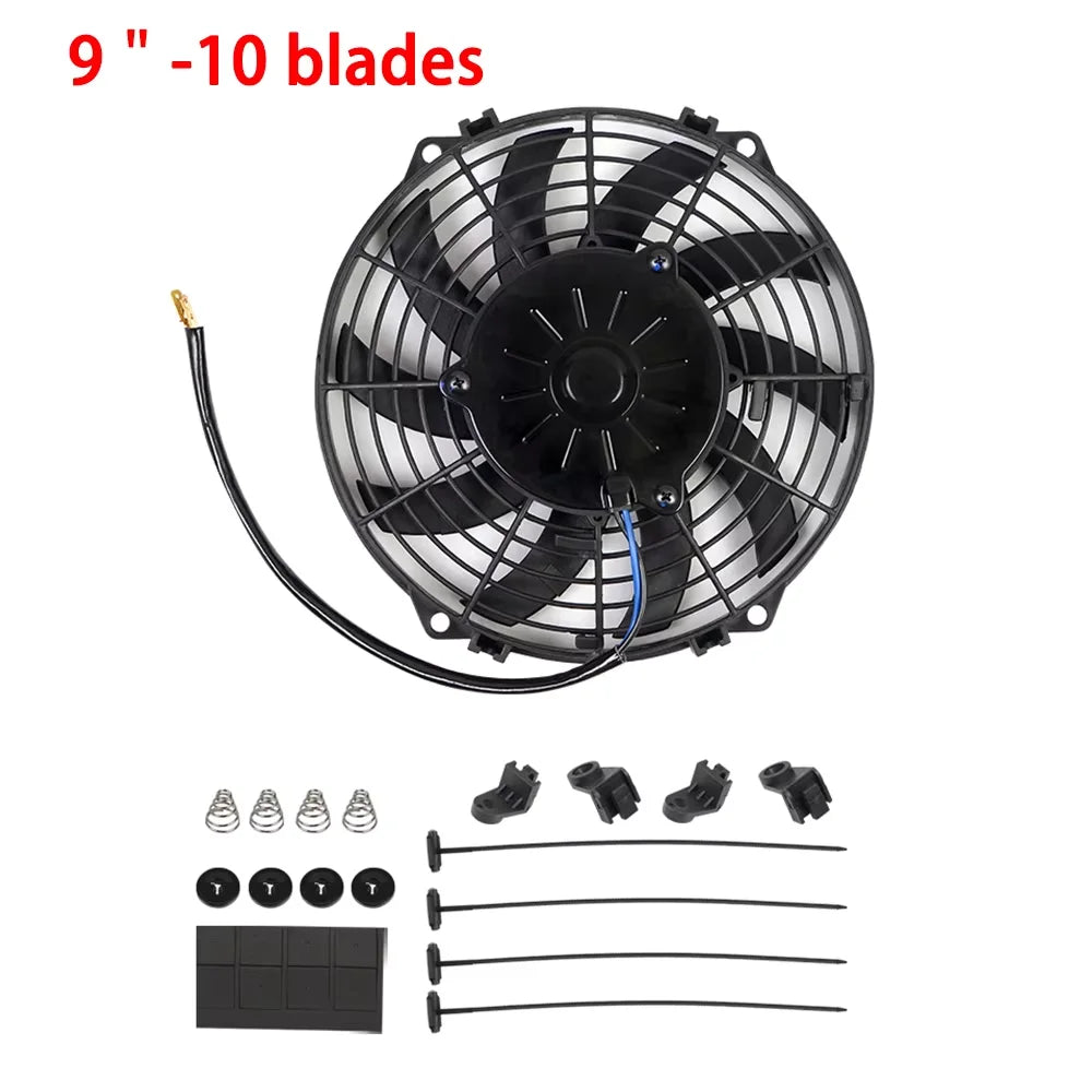 Universal 7/9/10/12/14/16 Inch 12V 80W 2100RPM Car Air Conditioning Cooling Fan Blade Cool Mounting Kit CF-1001 Black CF-1001